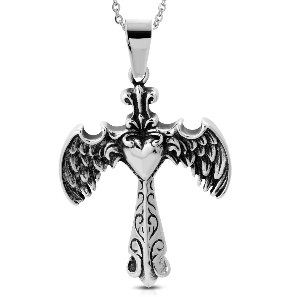 Dije Acero Plateado Cruz Alas Corazon Ornamentado