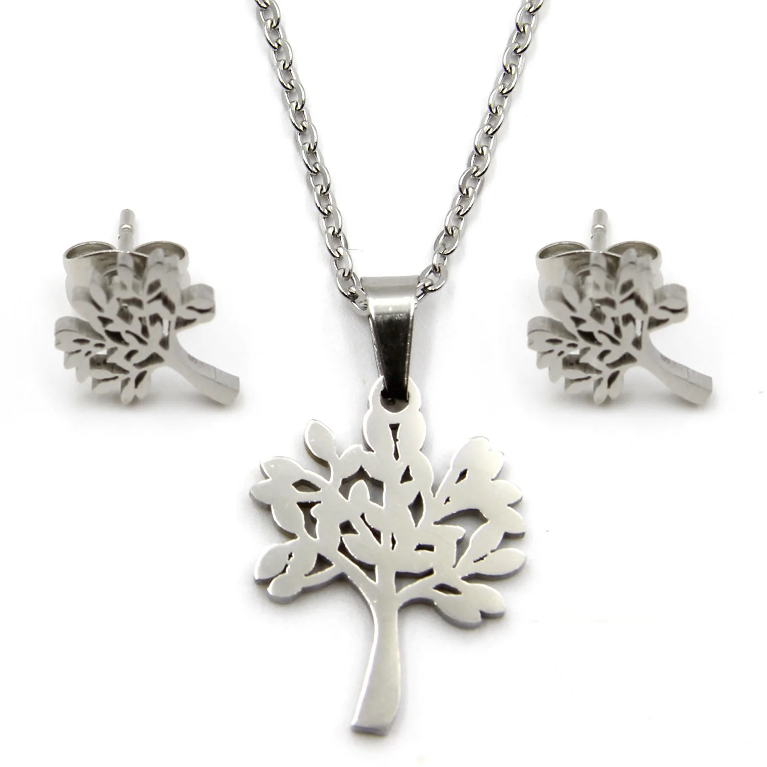 Set de Joyeria Plateado Cadena Aretes Dije Arbol Vida