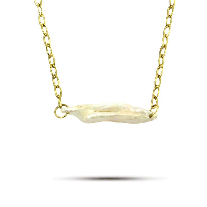Collar Acero Dorado Piedra Madre Perla Natural Horizontal
