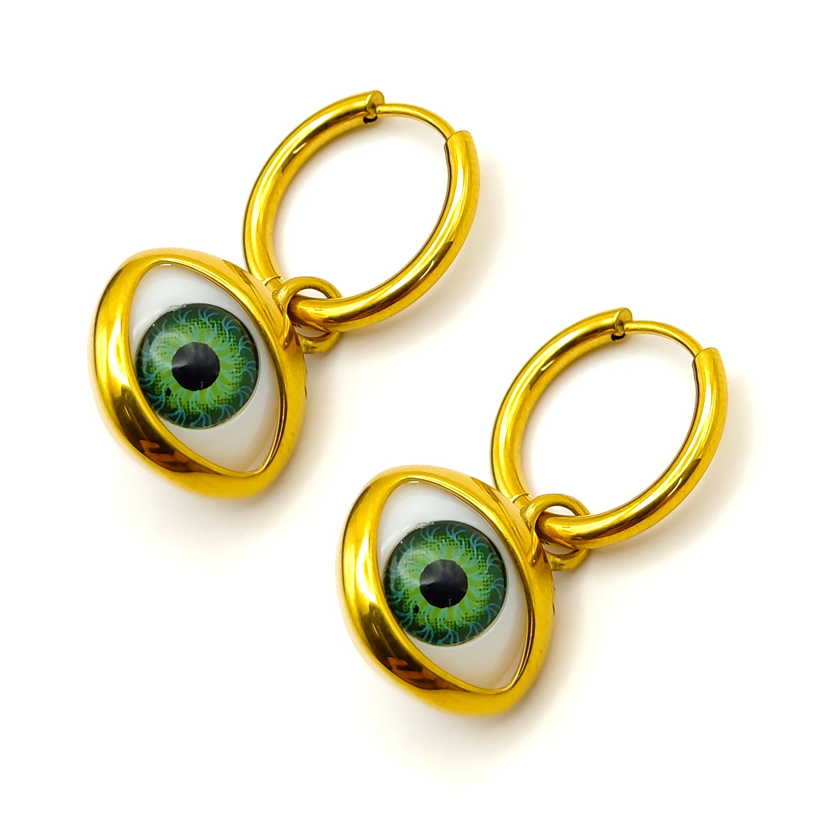 Aretes Acero Dorado Huggies Colgante Ojo Realista Verde