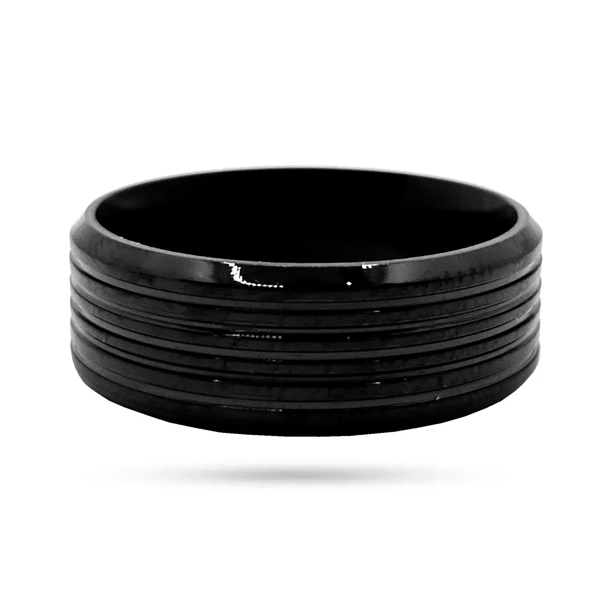 Anillo Acero Inox Negro Líneas Esmalte Negro Moderno