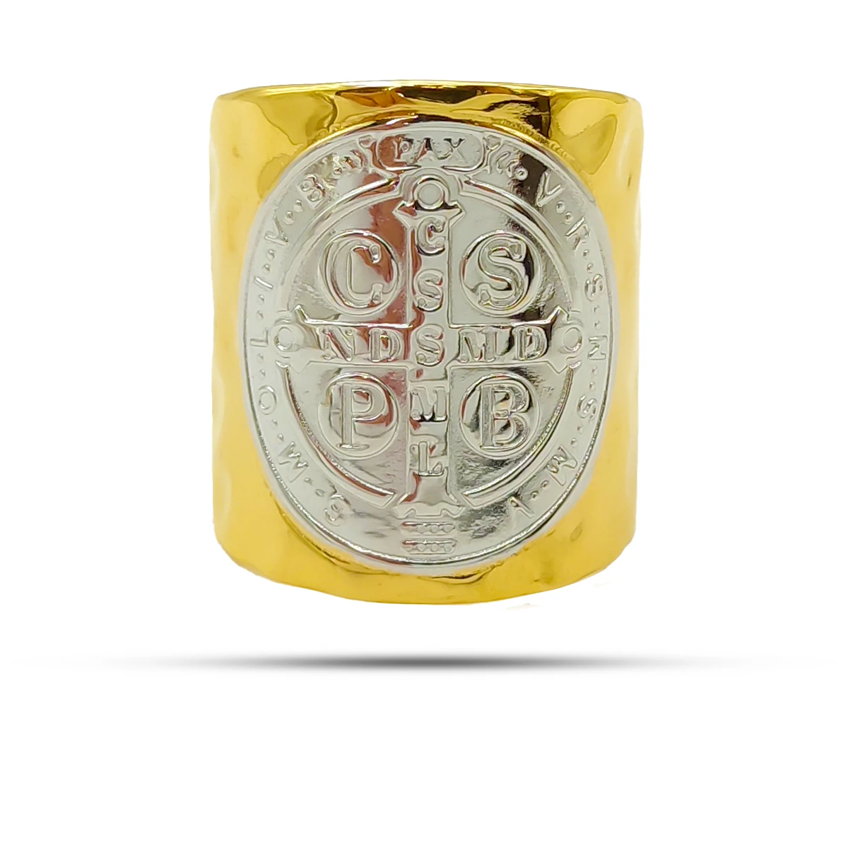 Anillo Acero Inox Bicolor San Benito Martillado Ajustable