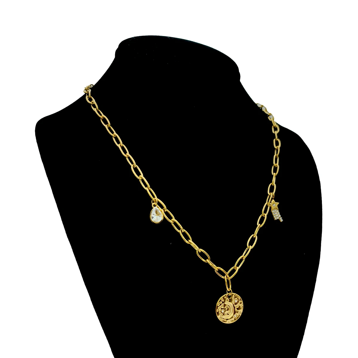 Collar Acero Dorado Medalla Luna Estrella Fugaz Cristales