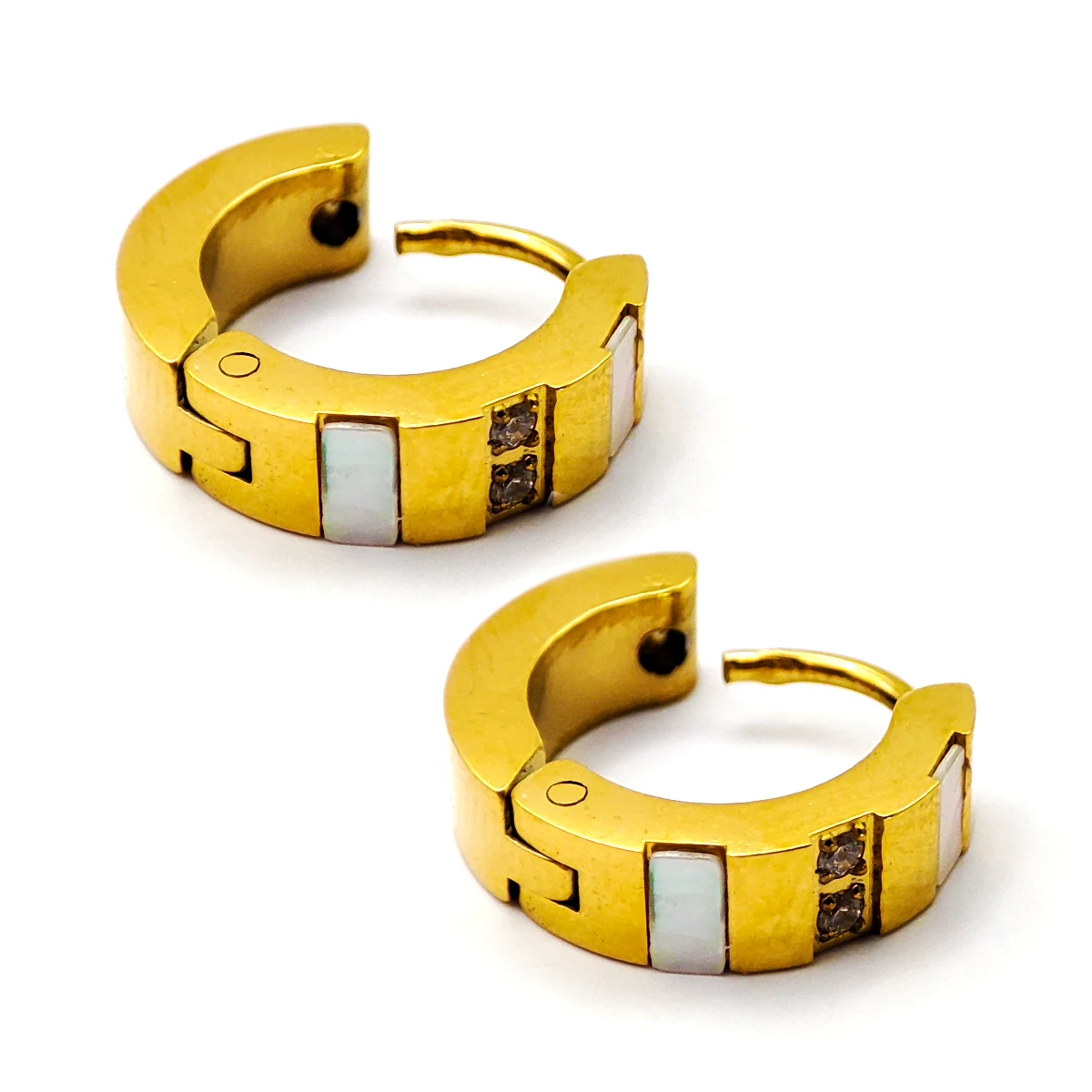 Aretes Acero Dorado Huggies Bandas Madre Perla Cristales