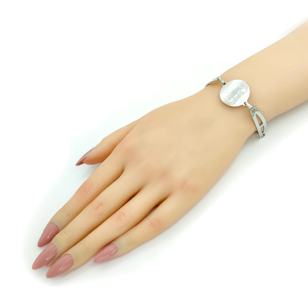 Pulsera Acero Plateado Semi Brazalete Medalla San Benito