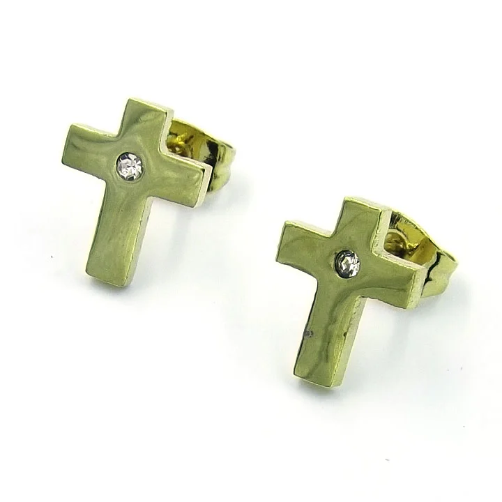 Aretes tipo Broquel Dorados Cruz Recta con Cristal