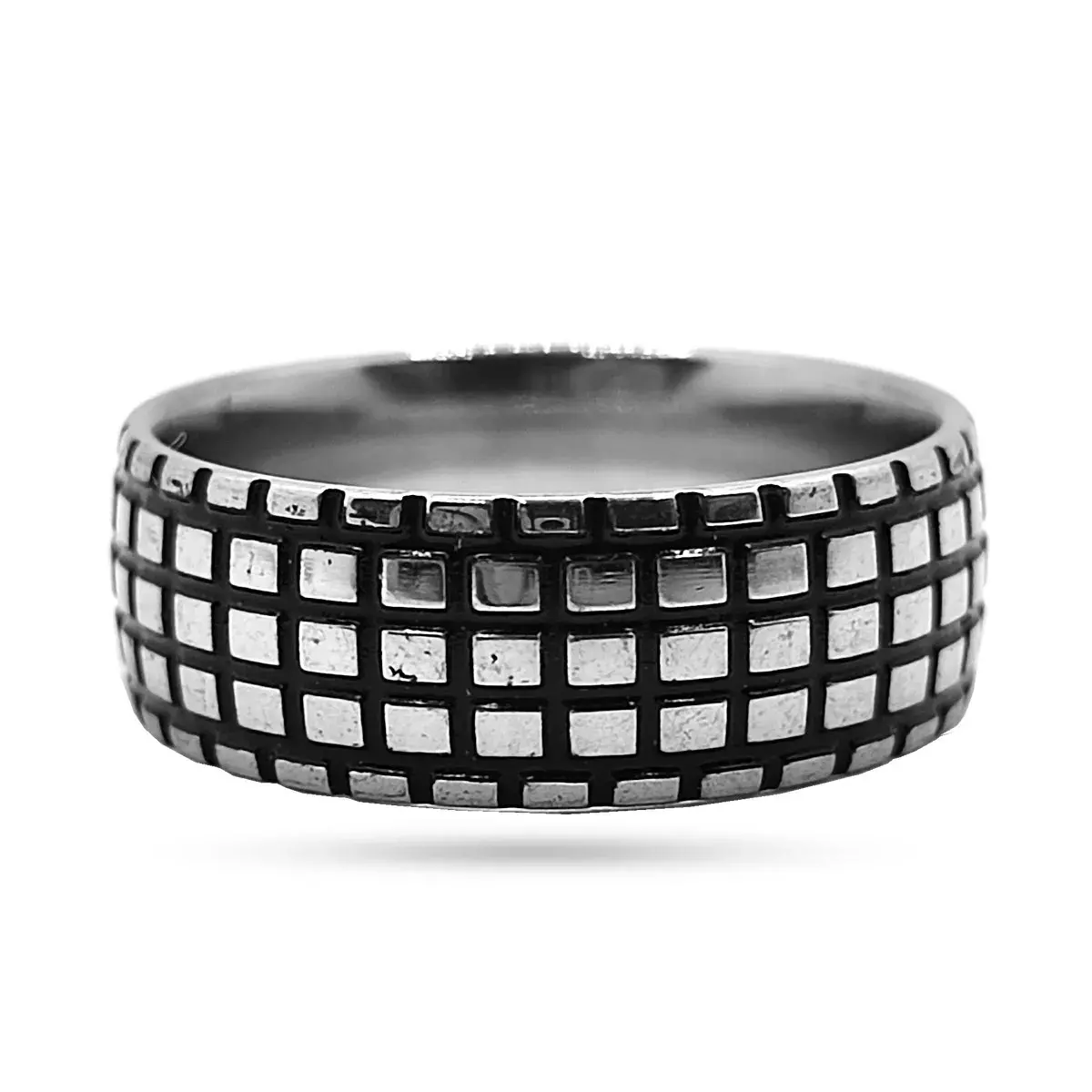 Anillo Acero Inox Plateado Cuadros Lineas Negras Moderno