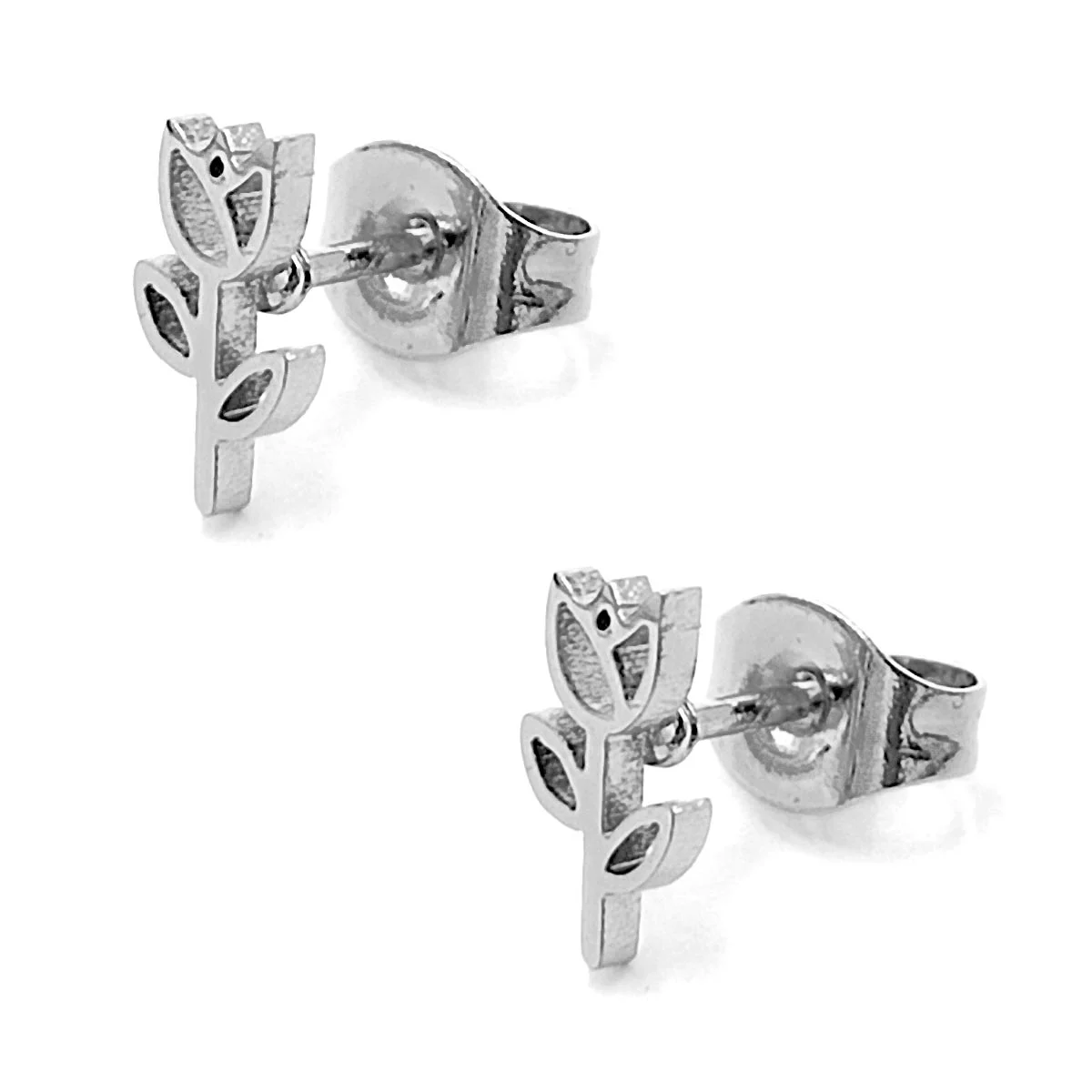 Aretes Acero Inox Plateado Tipo Broquel Flor Tulipan