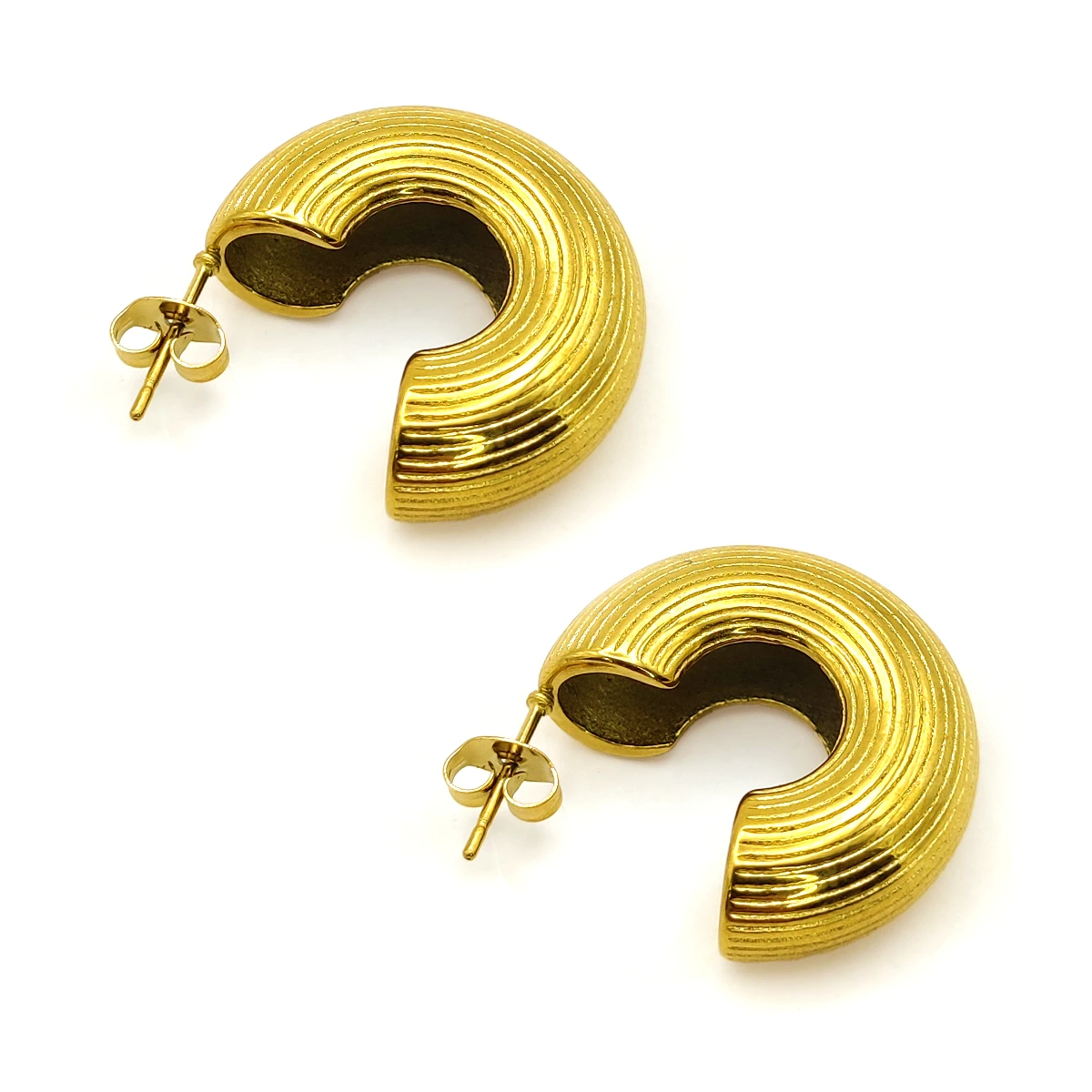 Aretes Acero Dorado Media Arracada En C Chunky Rayas