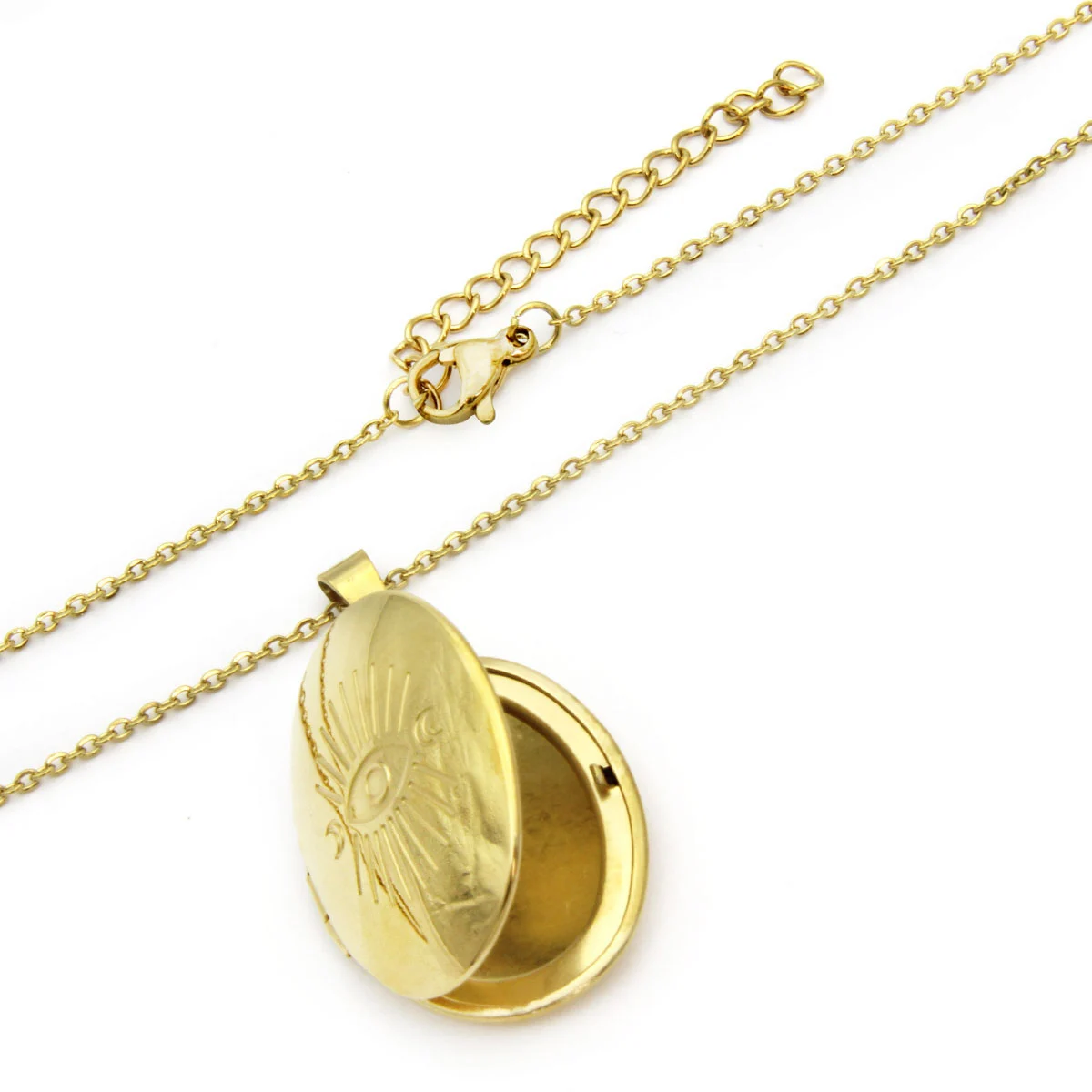 Collar Acero Dorado Relicario Ojo Talisman Seguridad 30mm