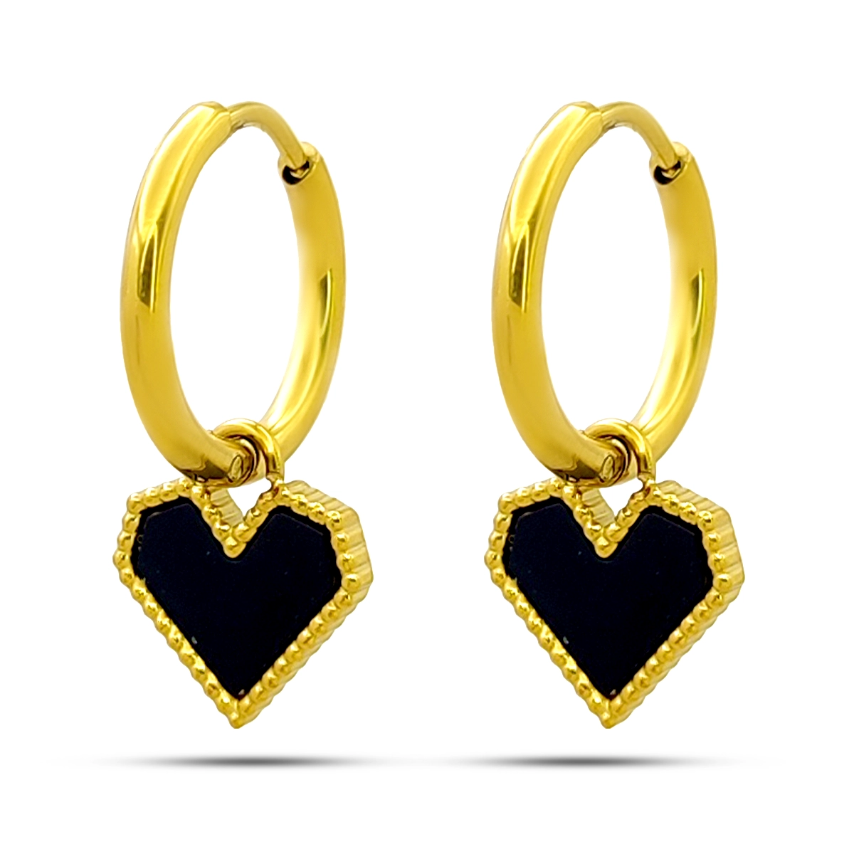 Aretes Acero Inox Dorado Huggies Colgante Corazon Negro