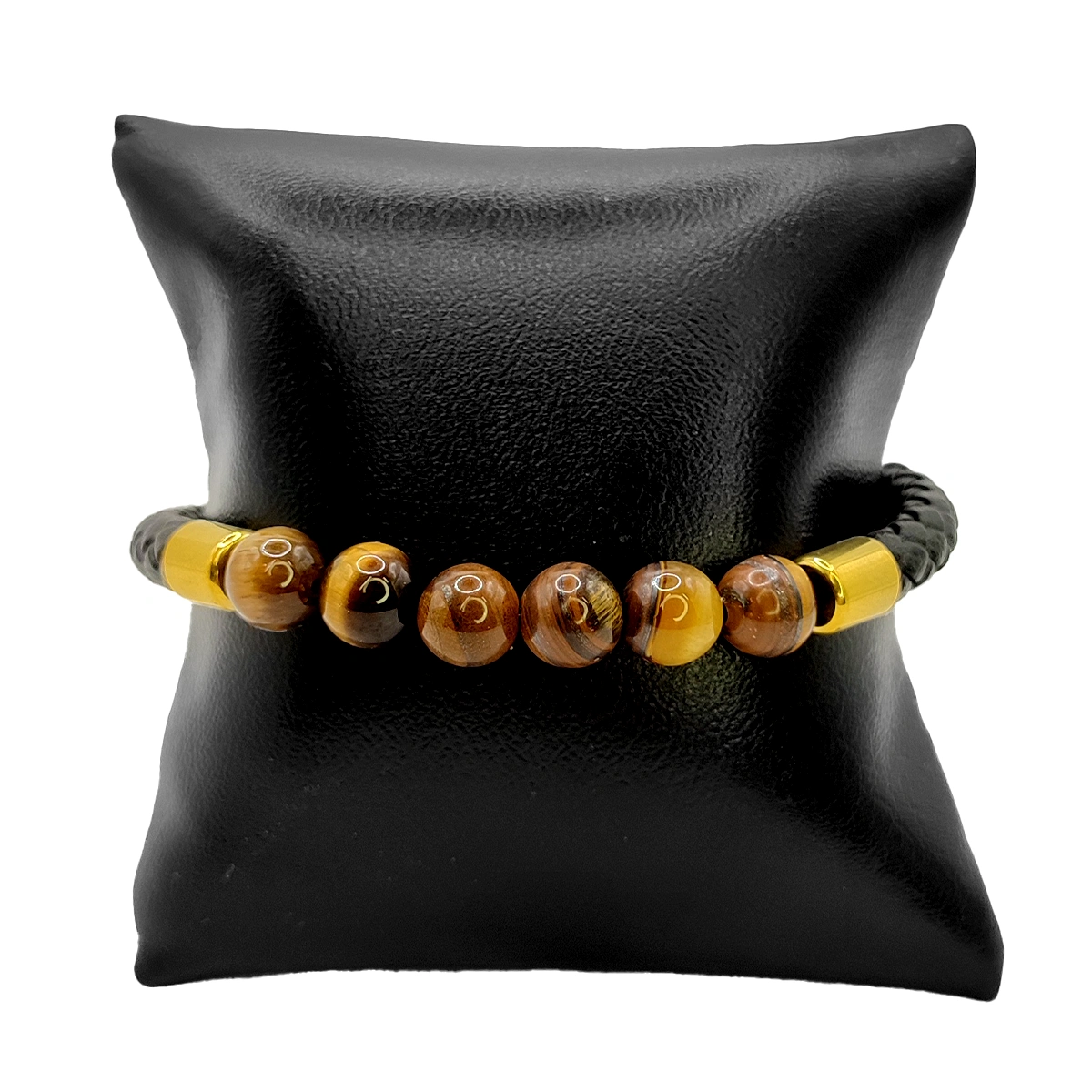 Pulsera Acero Dorado Piel Cuentas Ojo de Tigre Iman