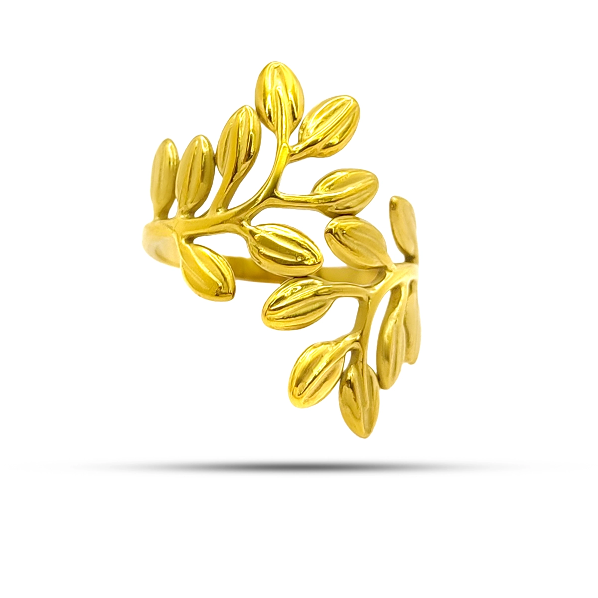 Anillo Acero Inox Dorado Hojas Onduladas Ajustable