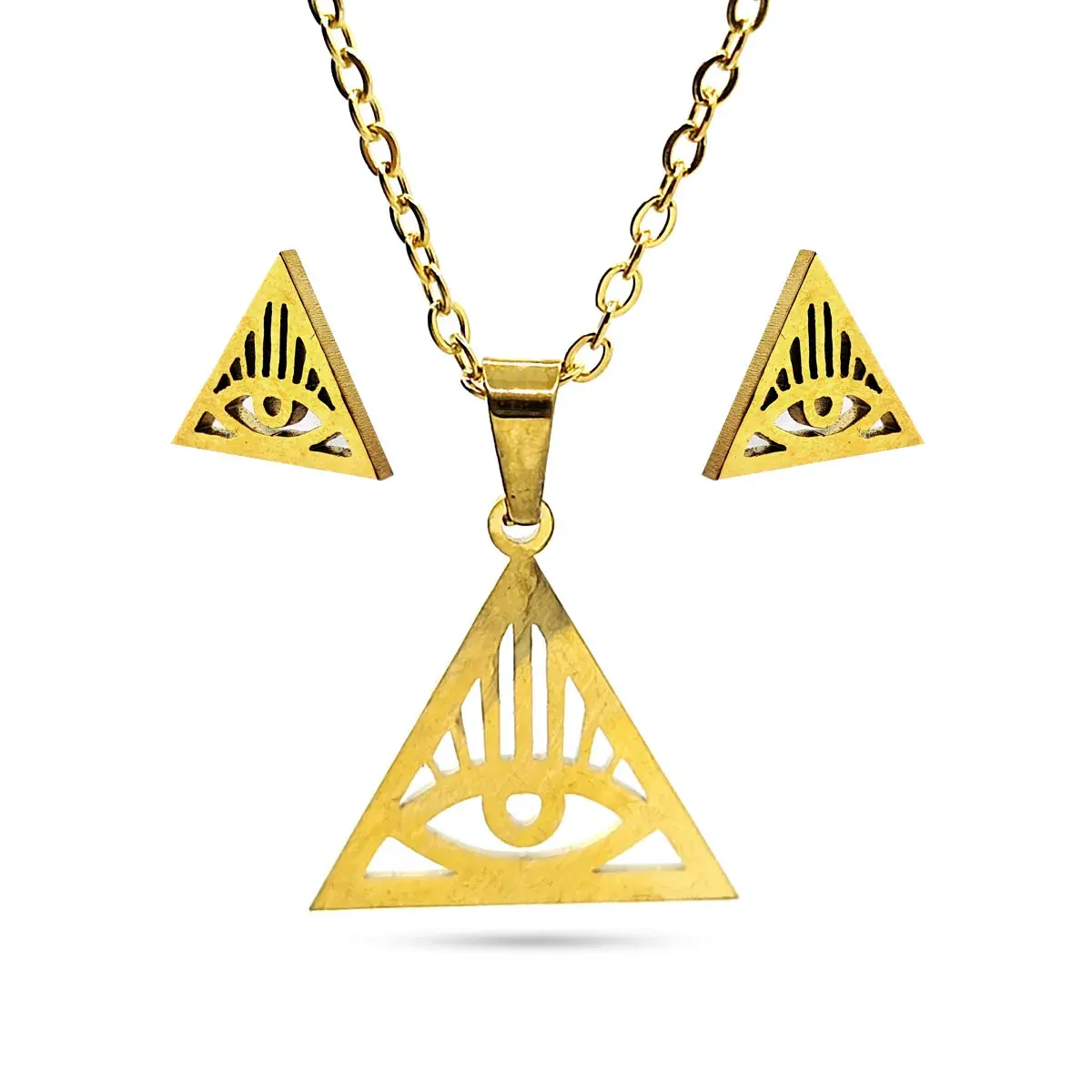 Set Joyería Acero Dorado Triangulo Ojo de la Providencia