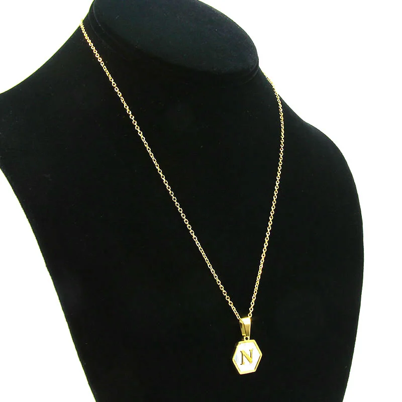 Collar Acero Inox Dorado Hexagonal Letra N Madre Perla