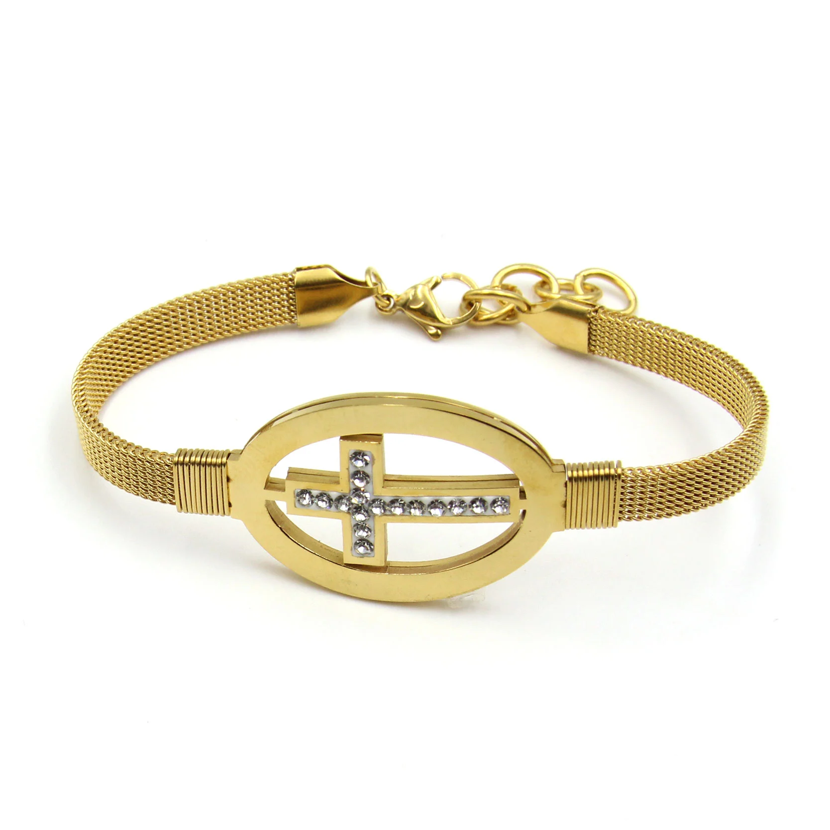 Pulsera Acero Dorado Cruz Religiosa Plana Zirconia Clara