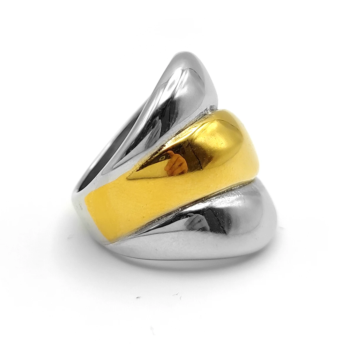 Anillo Acero Inox Bicolor Chunky Tres Lineas Gruesas