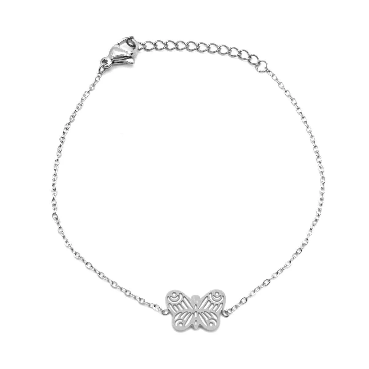 Pulsera Acero Plata De Mujer Diseño Mini Mariposa Grabada