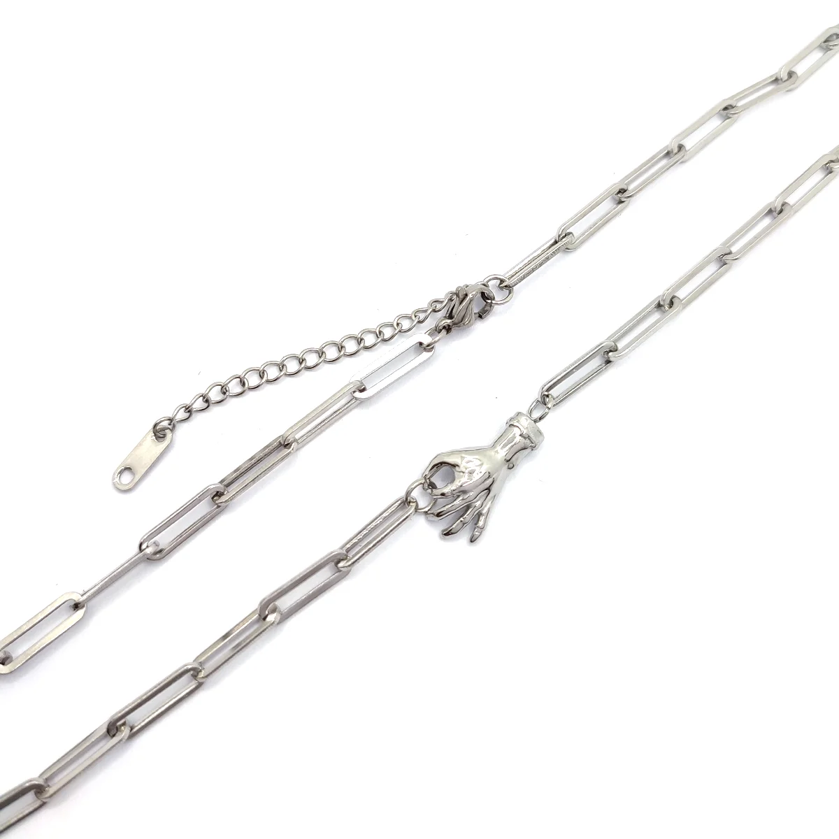 Collar Acero Plateado Choker Eslabon Largo Dije Mano OK