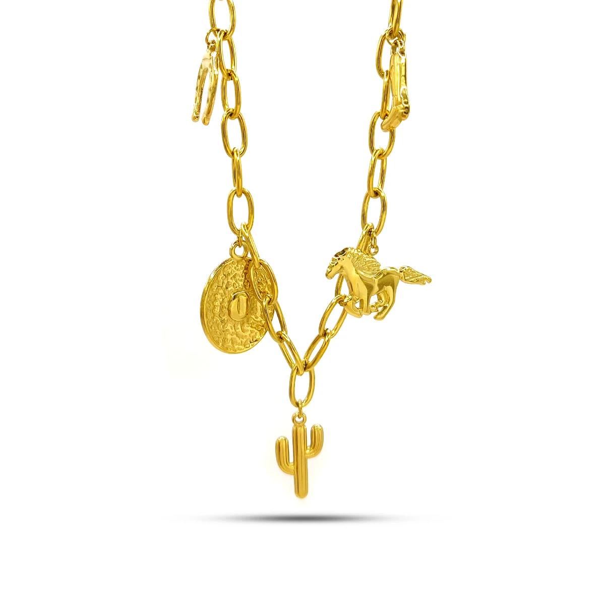 Collar Acero Dorado Colgantes Vaqueros Caballo Herradura