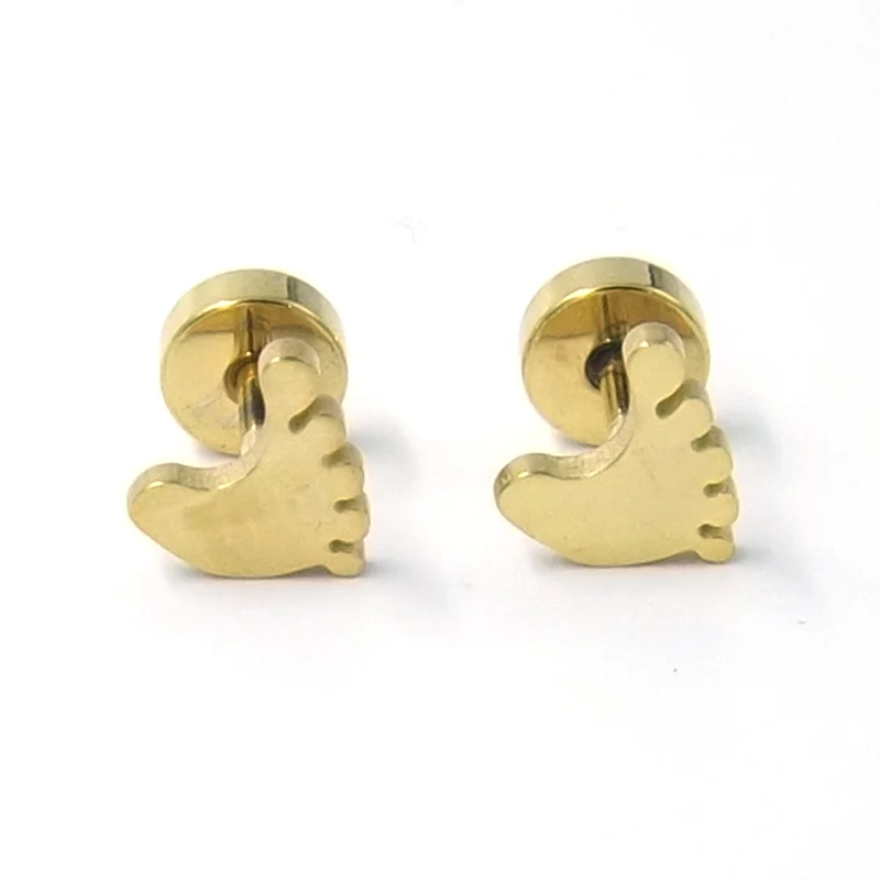Aretes De Acero Dorado Broquel Plano Huella Pie