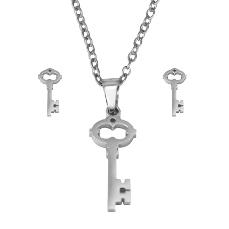 Set de Joyeria Acero Inoxidable Plateado Llave Antigua