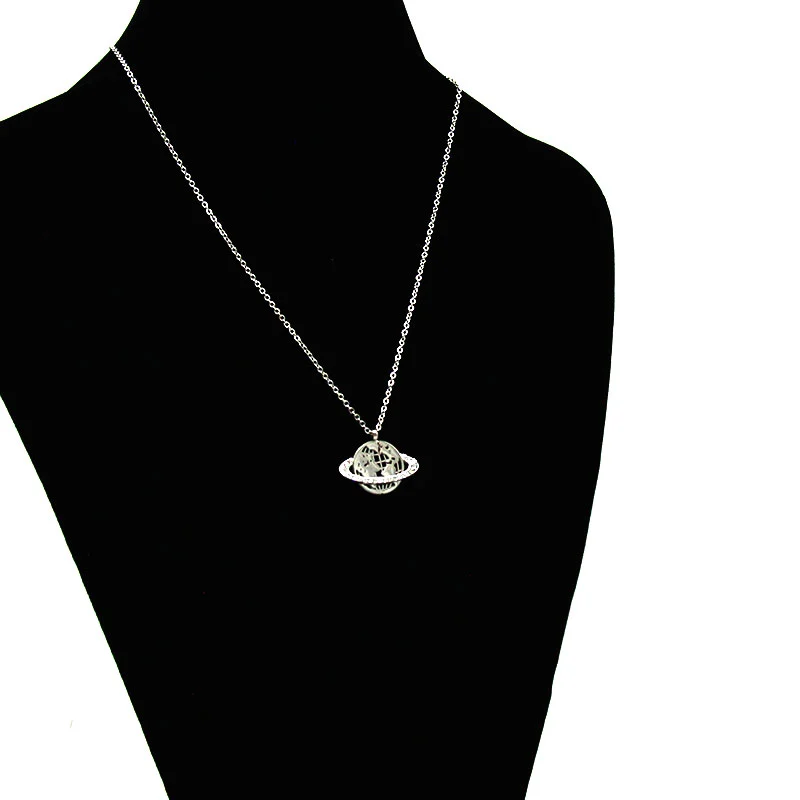 Collar Acero Inoxidable Plateado Saturno Anillo Cristales