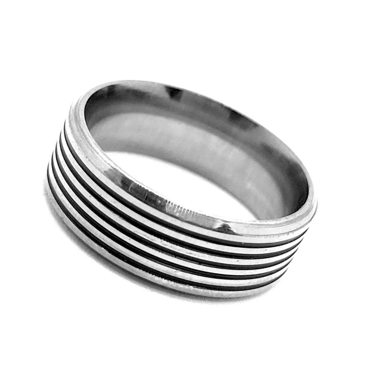 Anillo Acero Inox Plateado Líneas Esmalte Negro Moderno