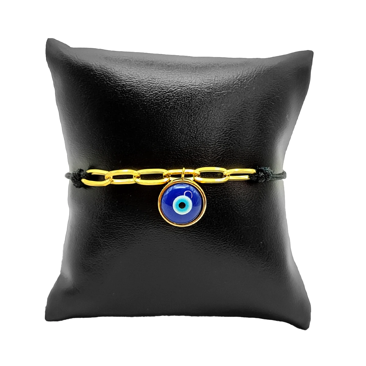 Pulsera Acero Dorado Hilo Negro Ojo turco Azul Recorrible