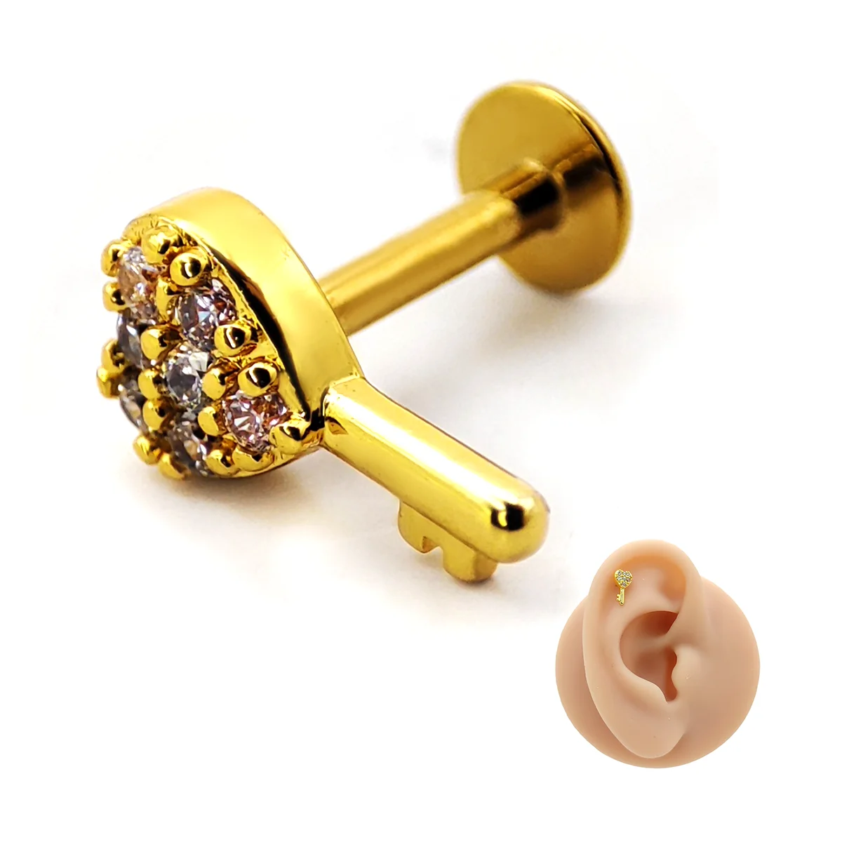 Piercing de Oreja Acero Llave Corazón Micro Cristales
