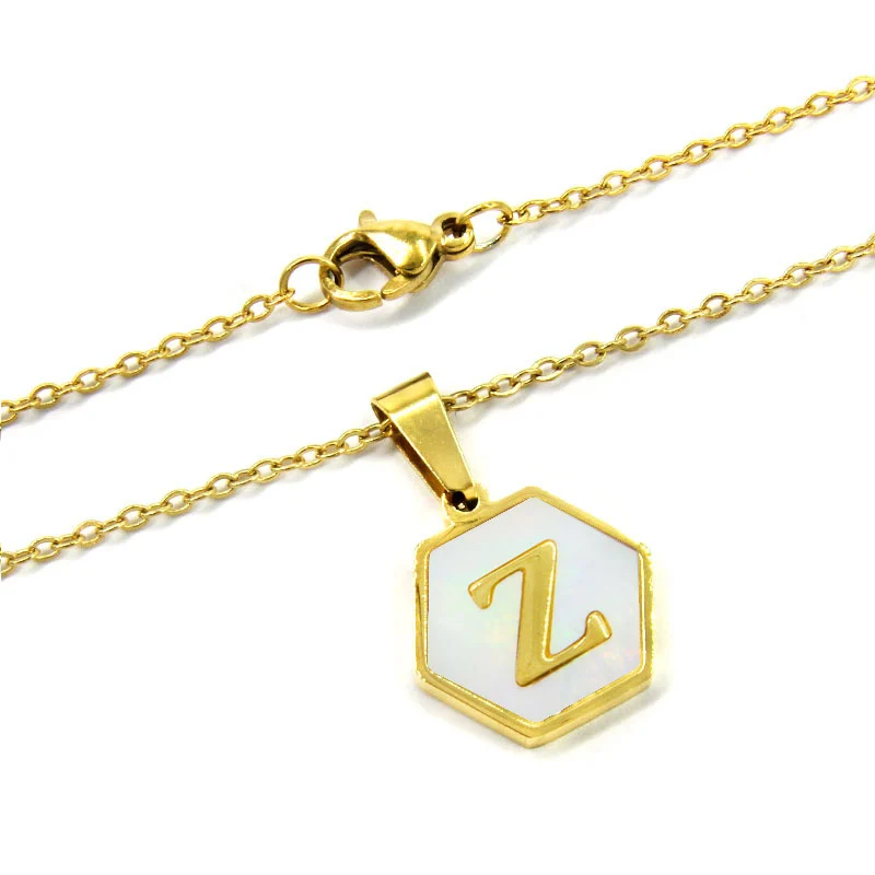 Collar Acero Inox Dorado Hexagonal Letra Z Madre Perla