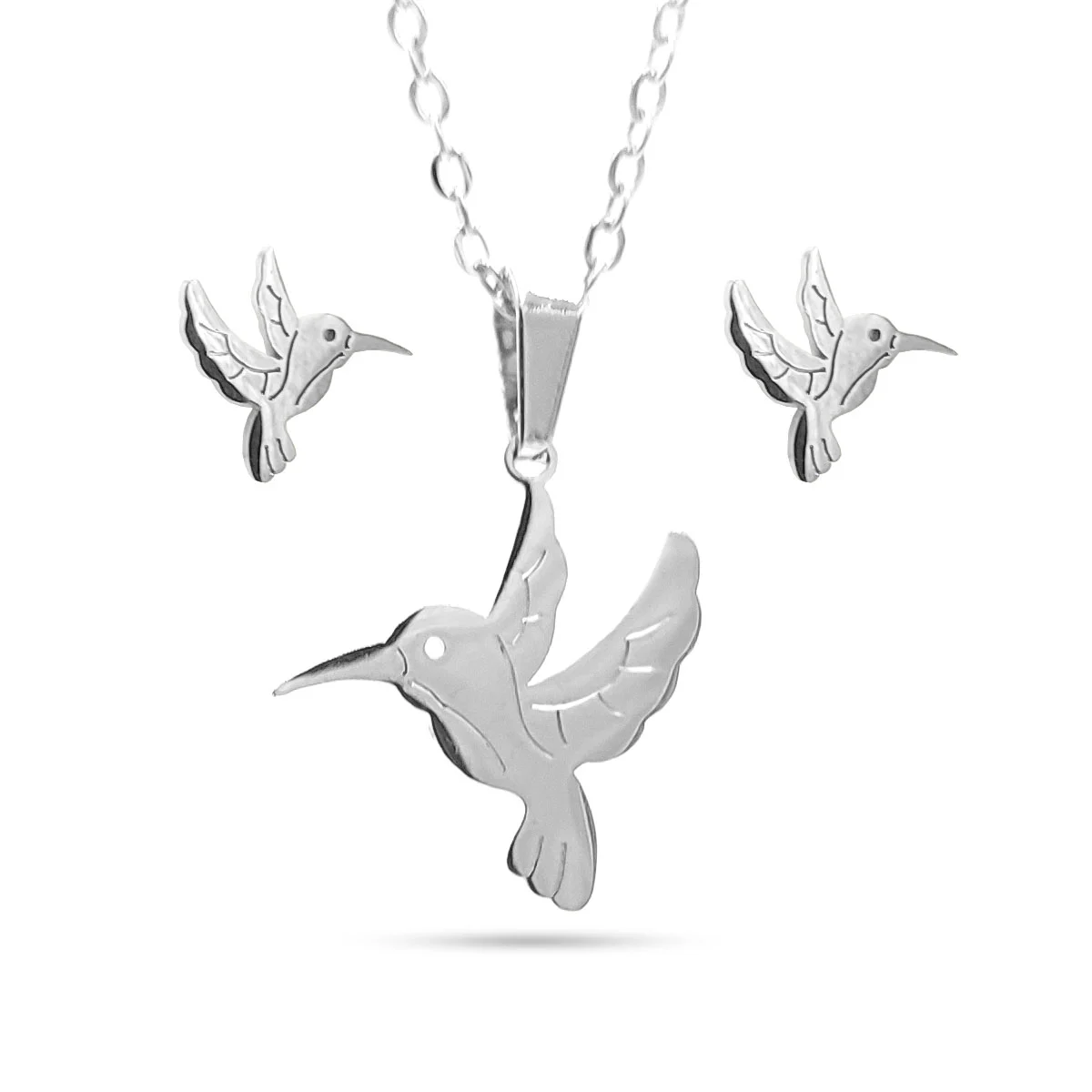Set Joyeria Acero Inox Plateado Hermoso Colibri 16 mm
