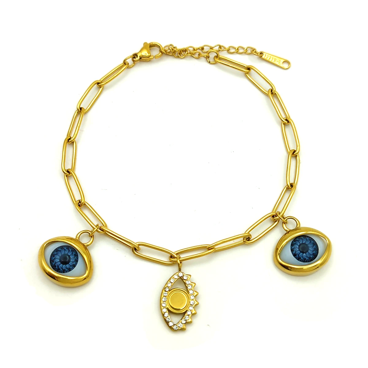 Pulsera Acero Ojos Colgantes Realista Azul y Zirconias