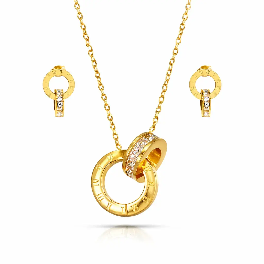 Set Joyería Aros Entrelazados Zirconias Números Romanos