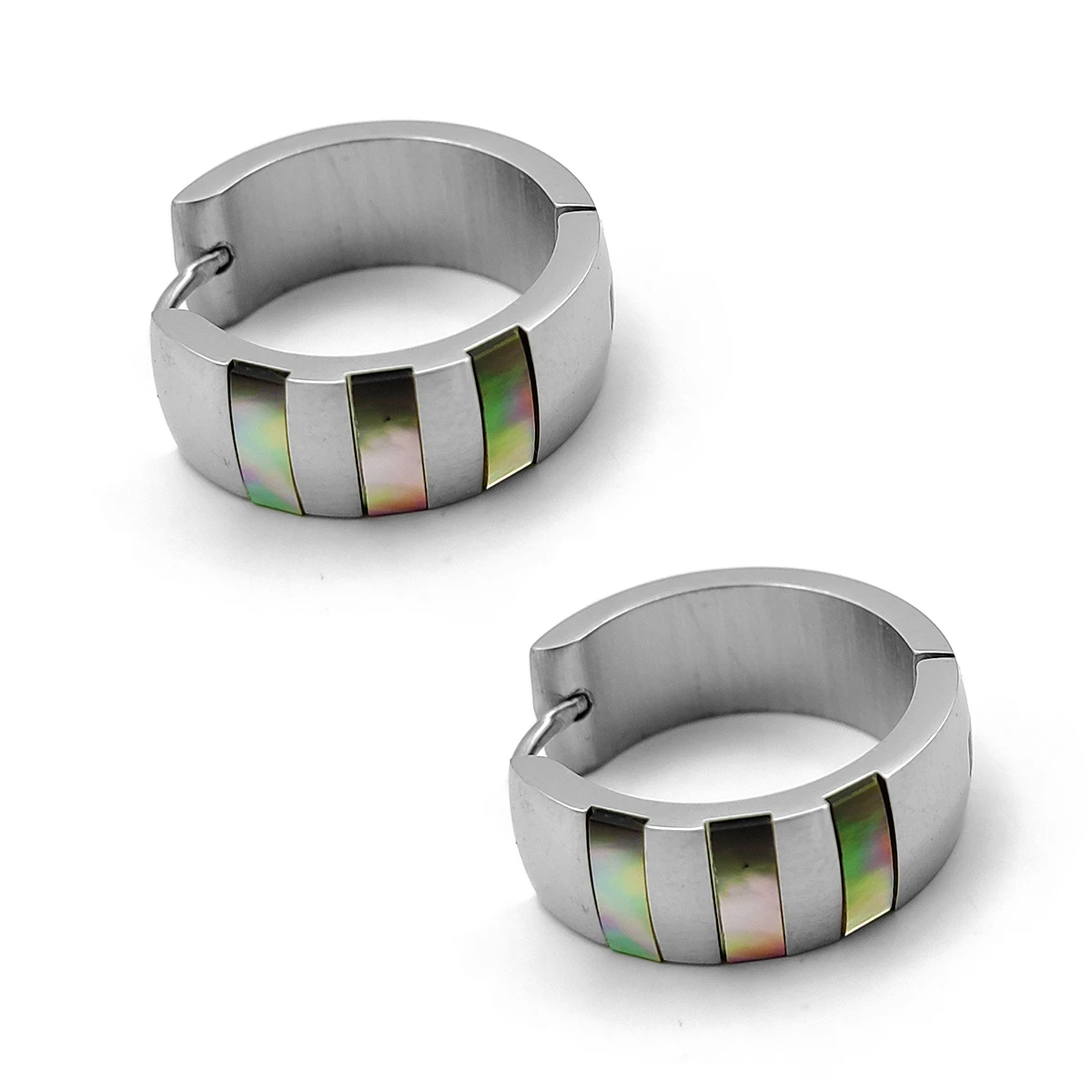 Aretes Acero Plateado Arracada Huggies Bandas Madre Perla