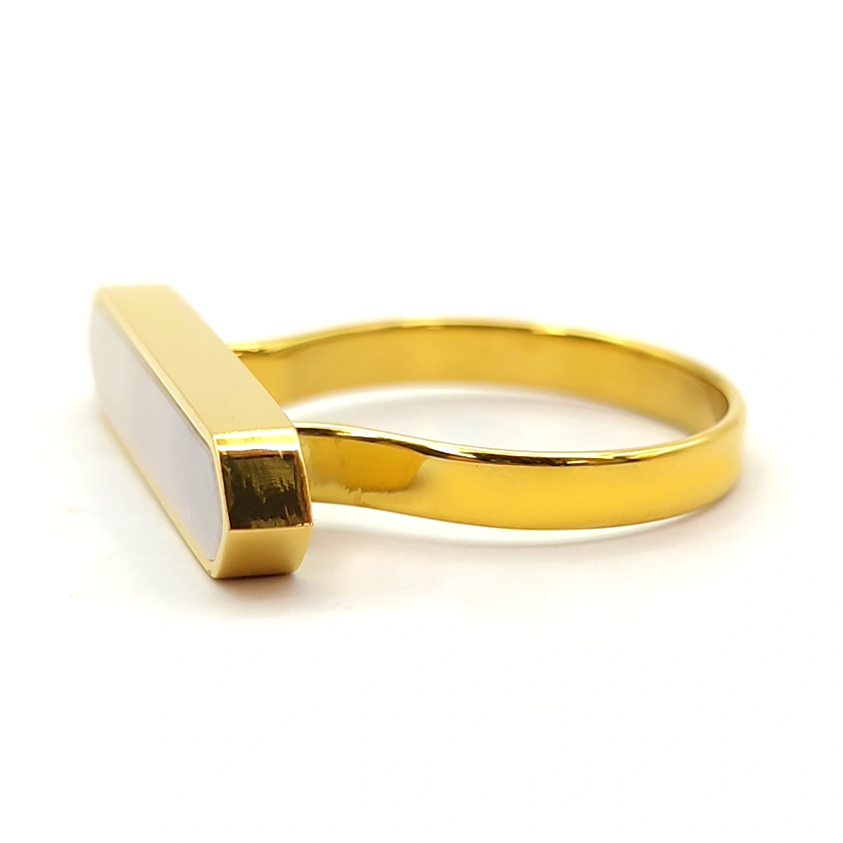 Anillo Acero Dorado Madre Perla Largo Horizontal