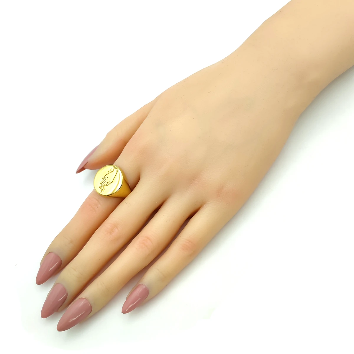 Anillo Acero Dorado Circular Plano Mano con Planta