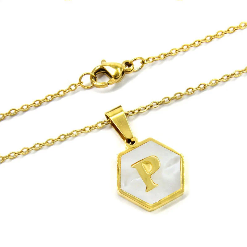 Collar Acero Inox Dorado Hexagonal Letra P Madre Perla