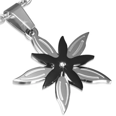 Dije de Acero Inox Plata y Negro Diseño Flor Multi Petalo