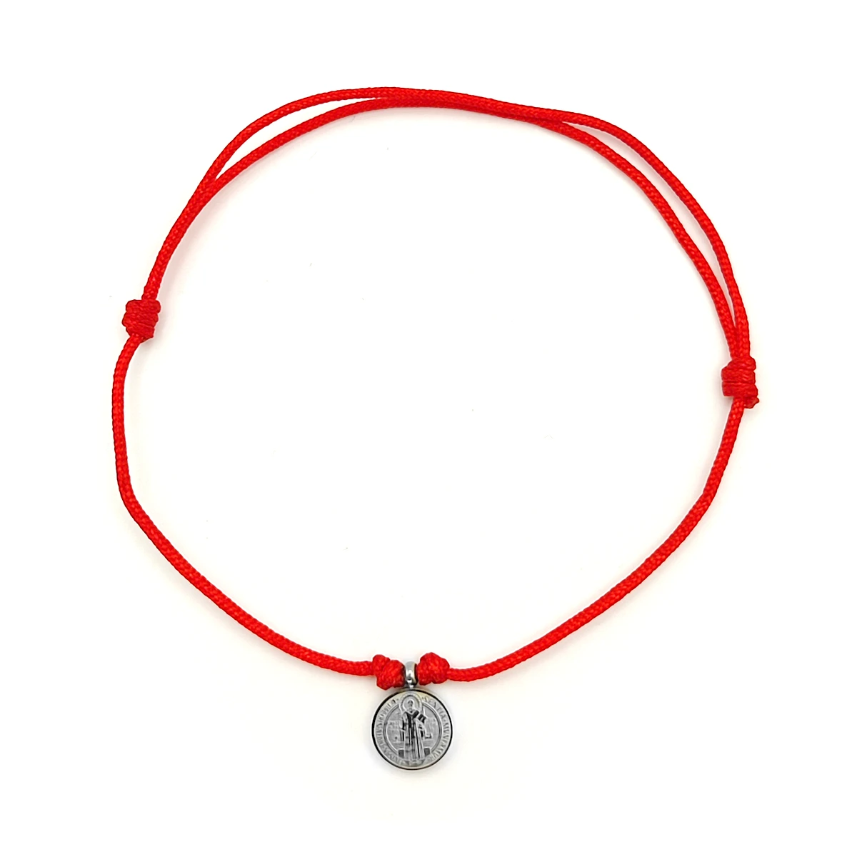 Pulsera Acero Inox Mini Medalla San Benito Hilo Rojo 8 mm