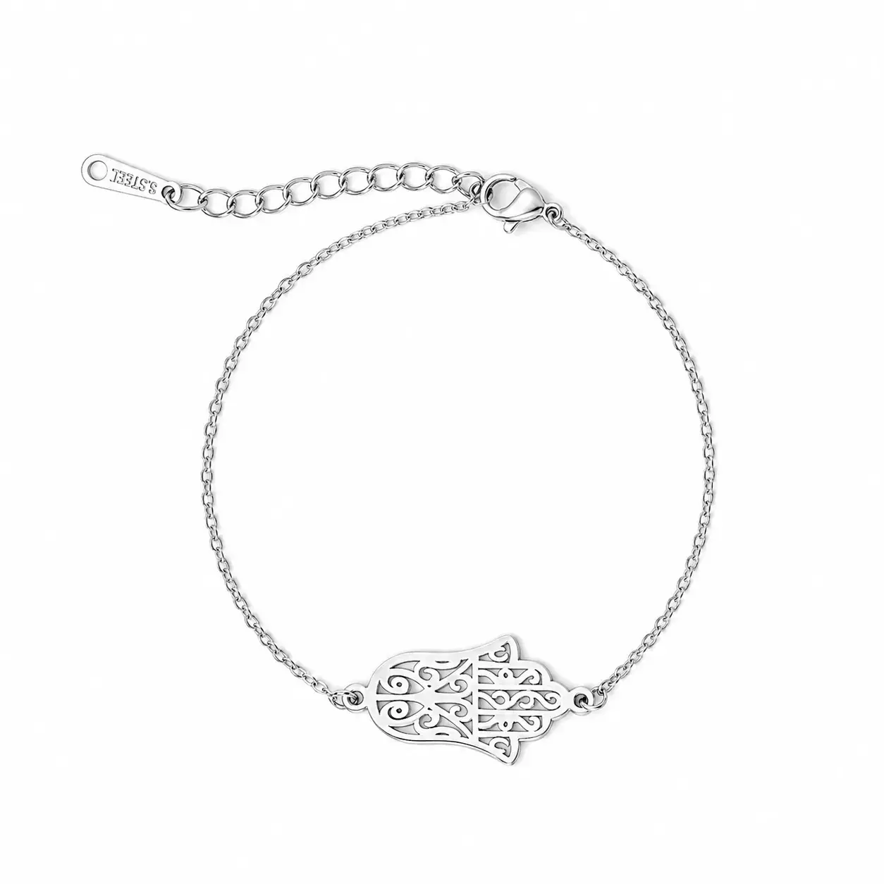 Pulsera Acero Plateado Simbolo Mano de Fatima Sencilla