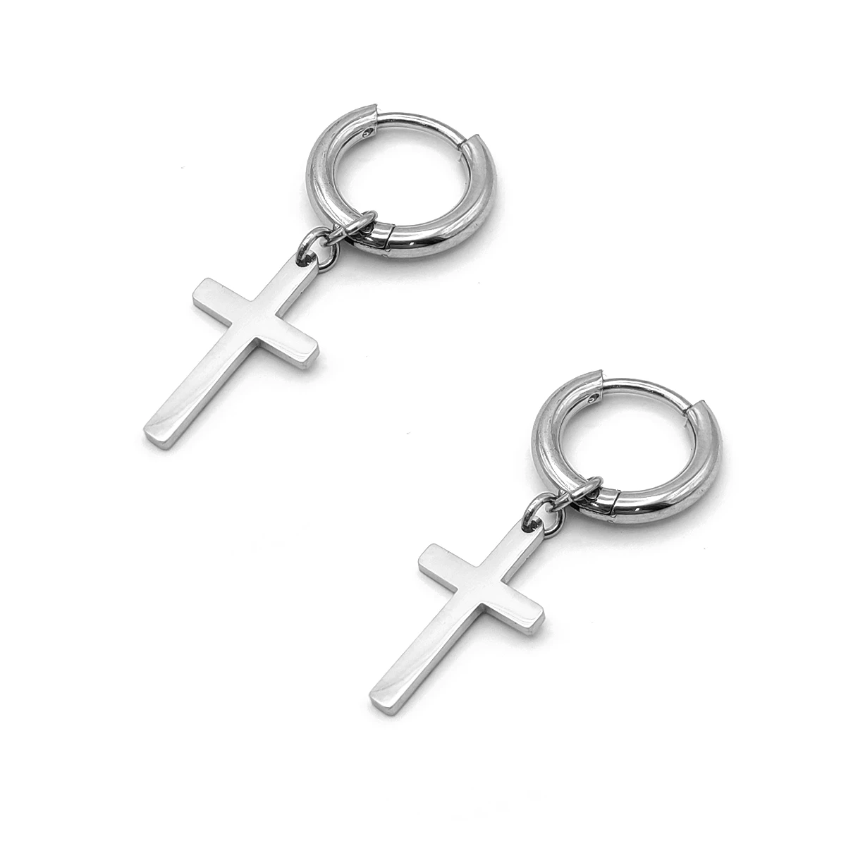 Aretes Acero Plateado Huggies Colgante Cruz Latina