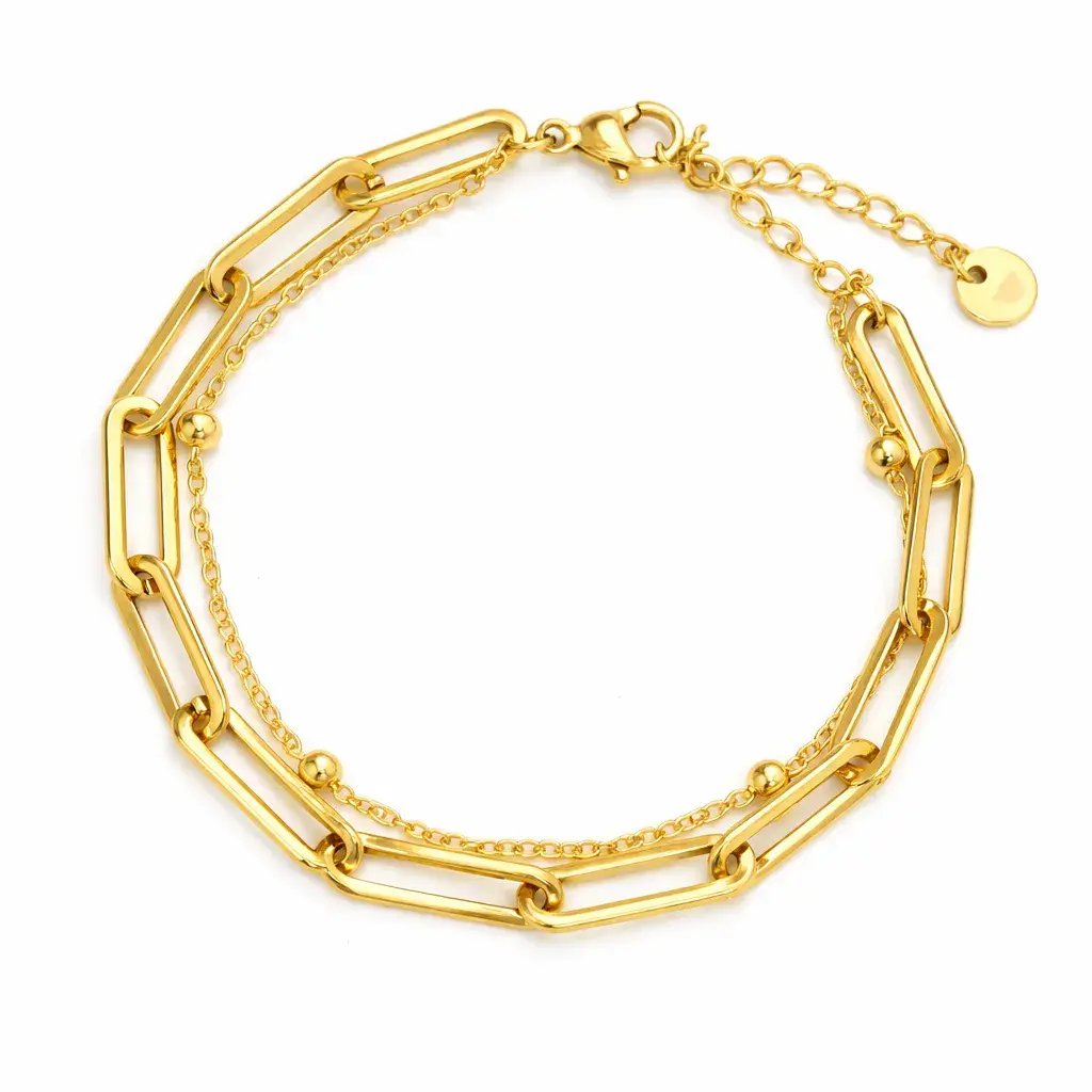 Pulsera Acero Doble Eslabon Oval Largo y Balines