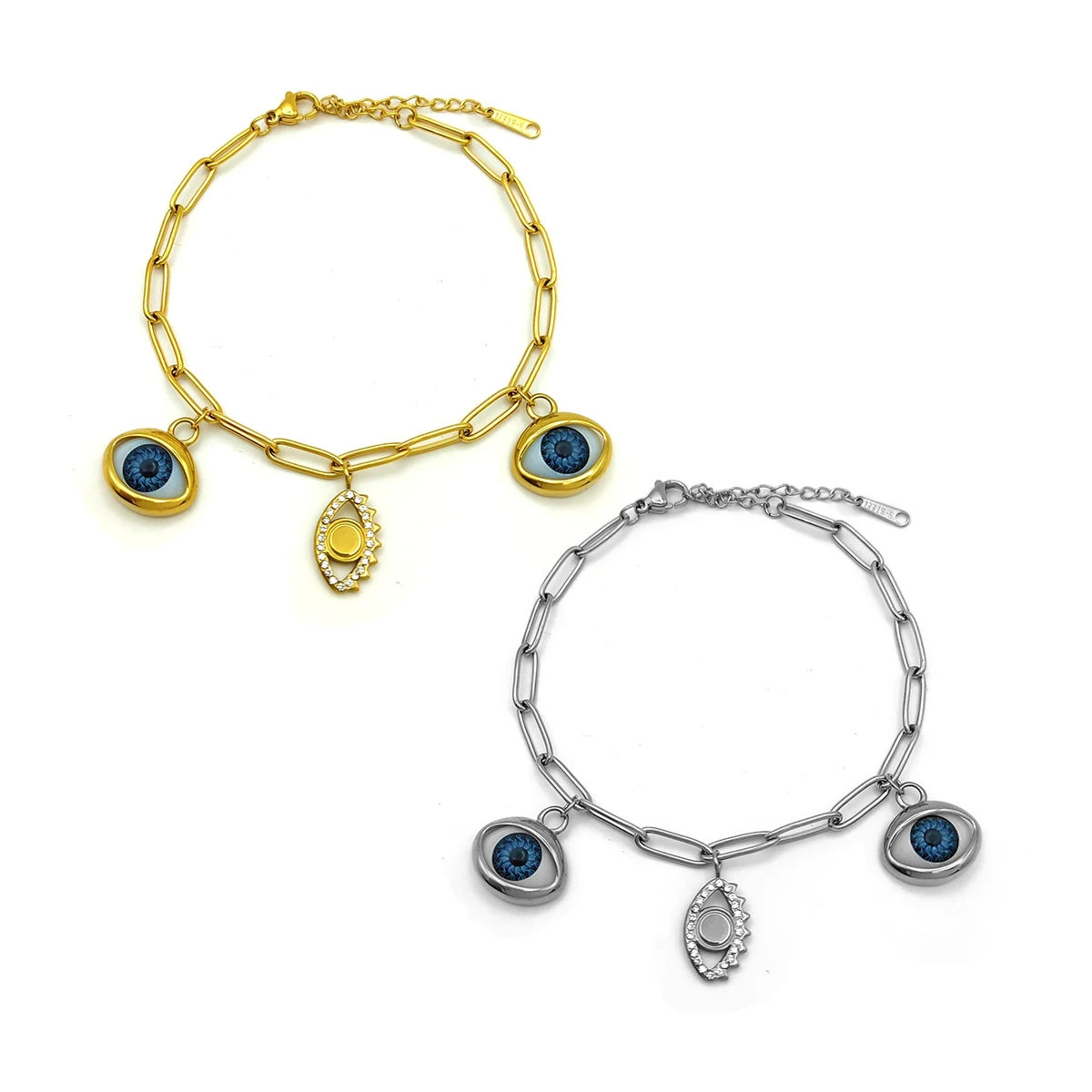 Pulsera Acero Ojos Colgantes Realista Azul y Zirconias