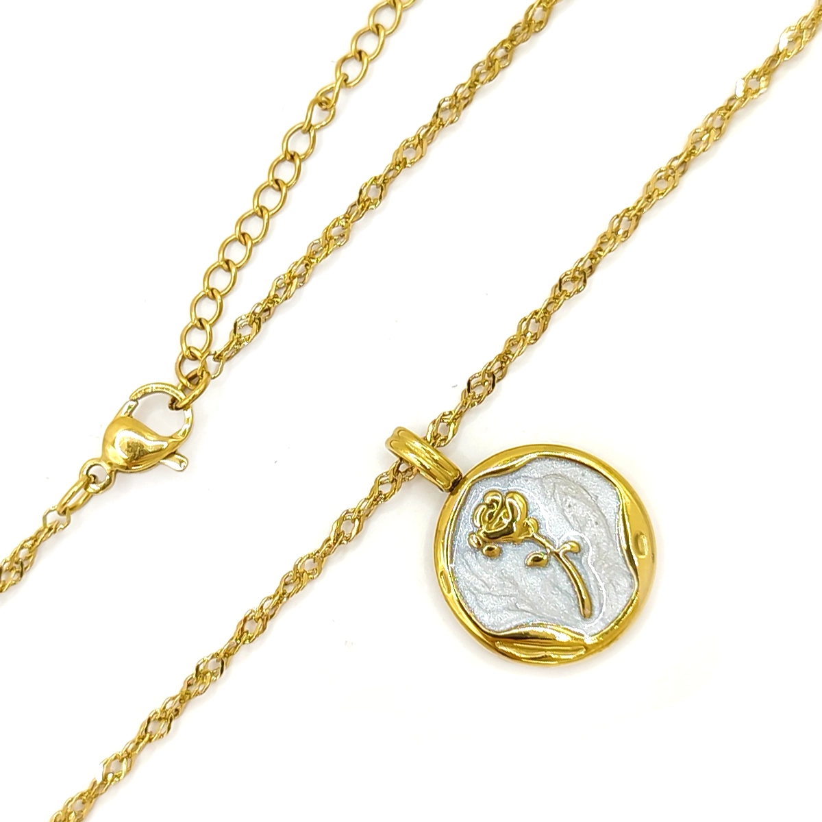 Collar Acero Dorado Medalla Sello Flor Rosa Resina Brillo