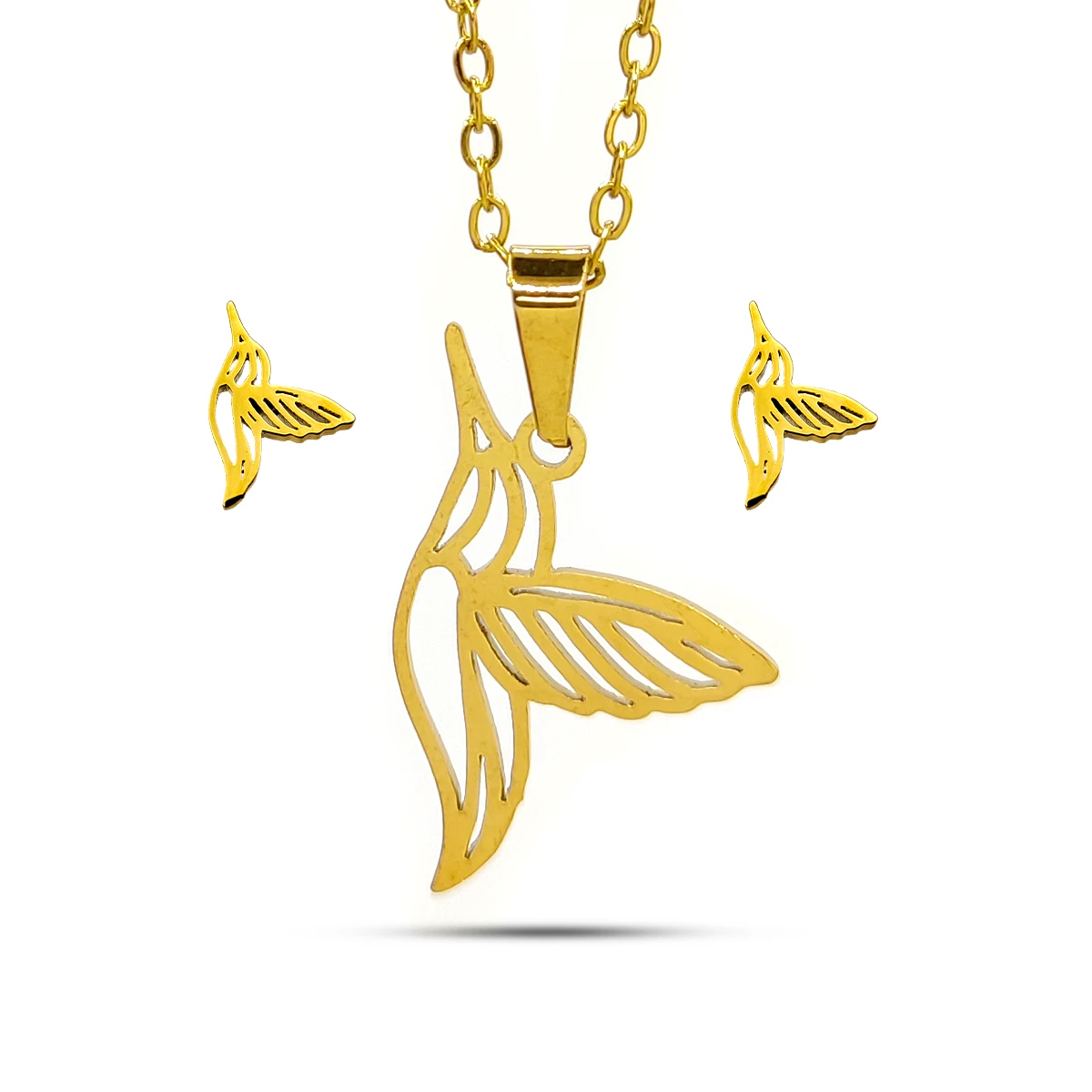 Set Joyeria Acero Inox Chuparosa Colibri Calado Volando