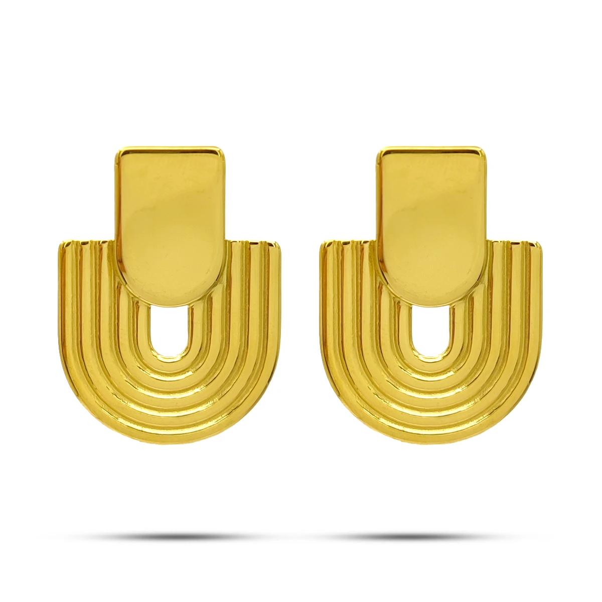 Aretes Acero Dorado Tipo Cúpula Ondulado con Lineas