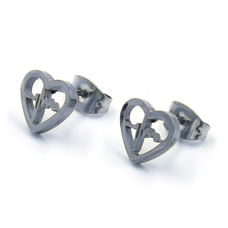 Aretes Acero Plateado tipo Broquel Corazón Electrocardiograma